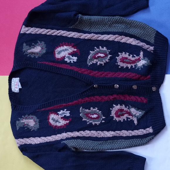Vintage Sweaters - Vintage Lee David Heavy-Knit Abstract Cardigan